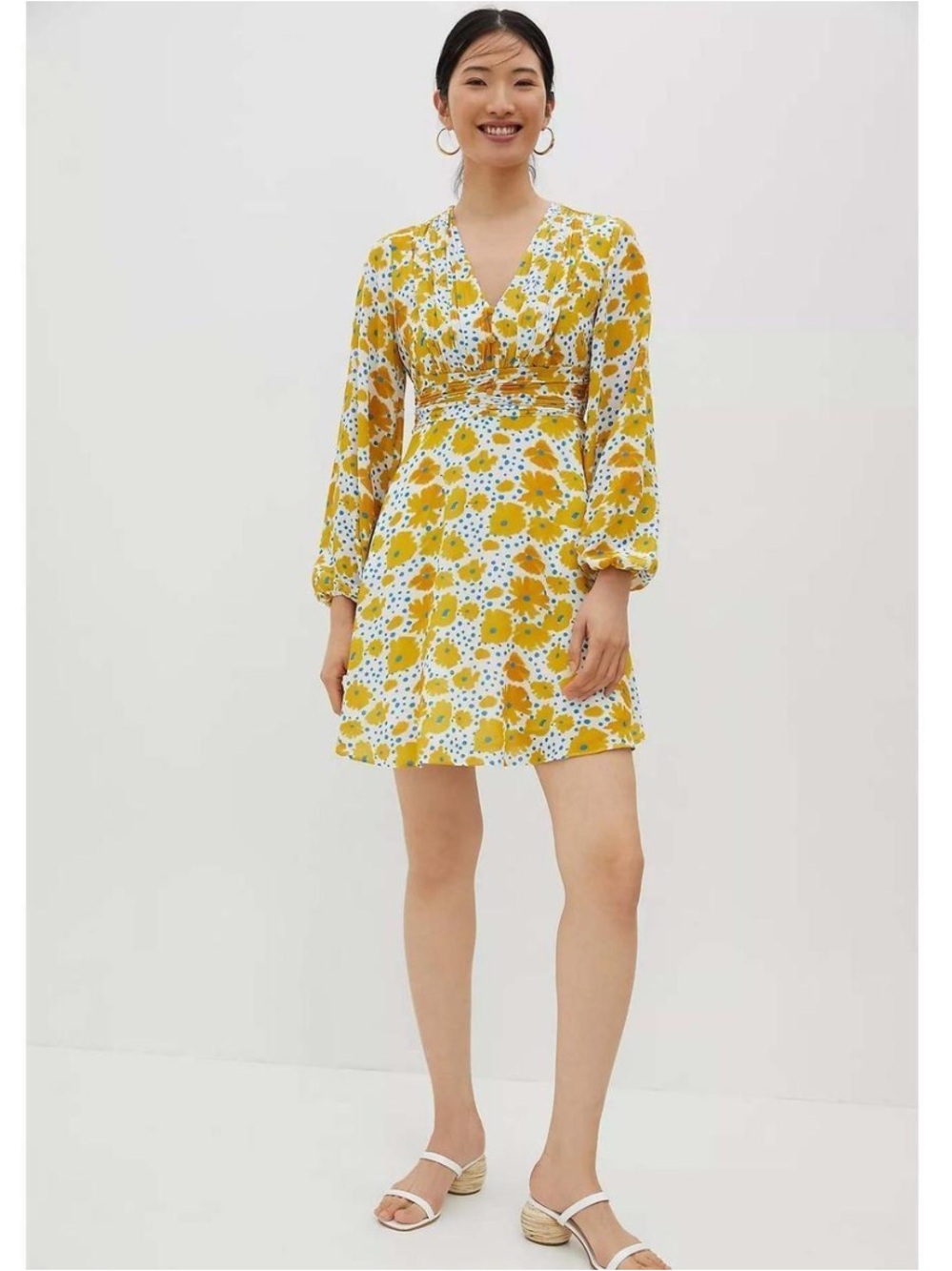 NWOT Vera for Anthropologie Yellow Floral Dress Long Sleeve Summer Flowy Small